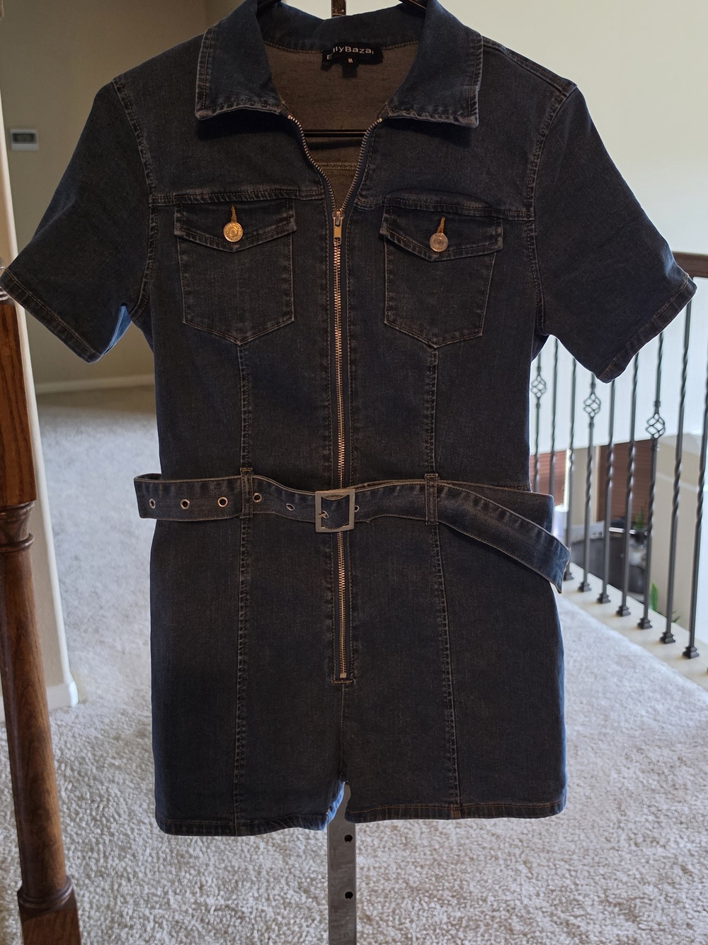 Womem's Denim One-Piece Romper with Belt